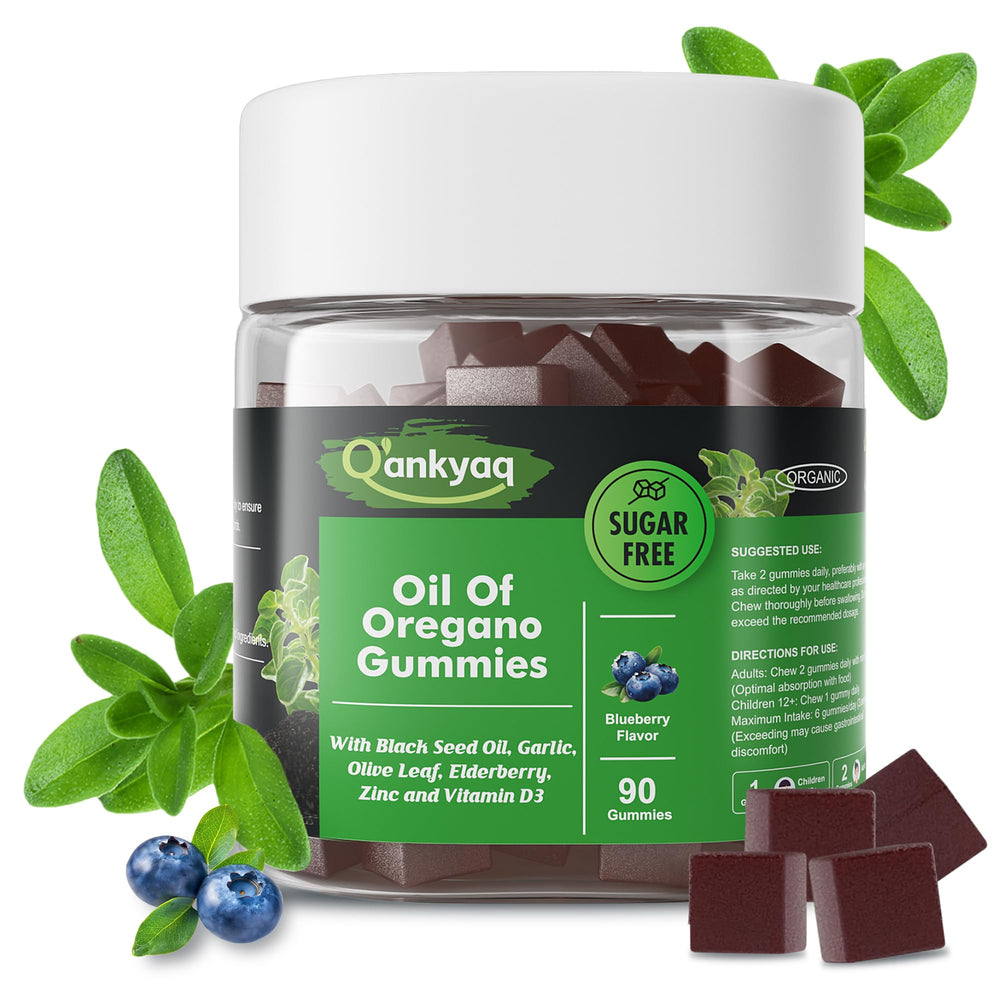 Q'ankyaq Oregano Oil Gummies package for daily immune support.