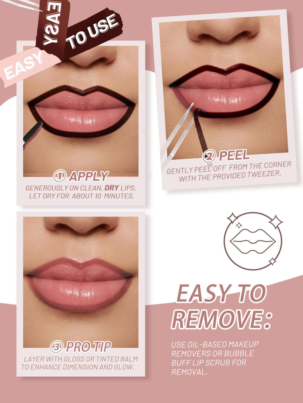 QCMME Lip Stain warm-rose swatches display versatile everyday shade options