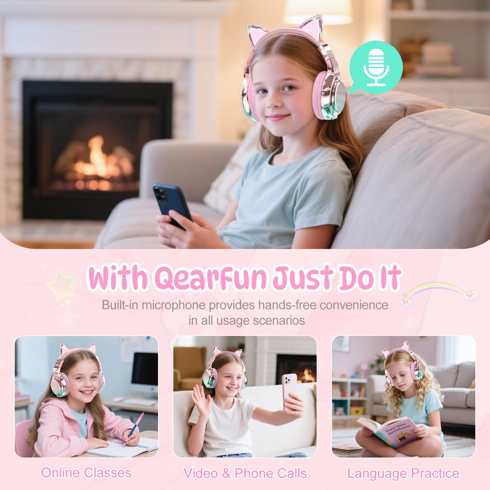 QearFun headphones highlighting 60-hour wireless playtime for trips and school