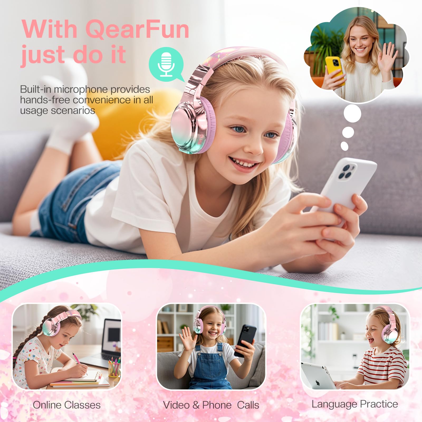 QearFun Kids Bluetooth Headphones Metallic Gradient finish shown under bright lighting