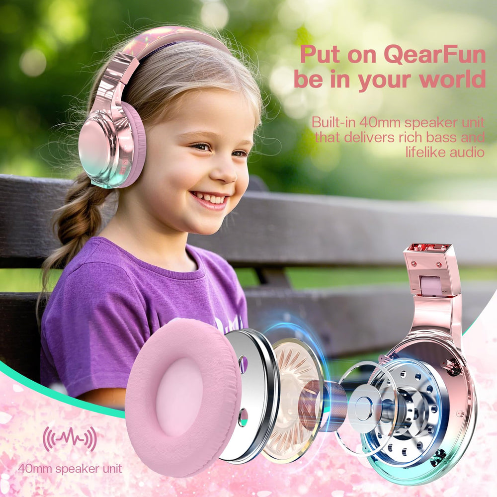 QearFun Kids Bluetooth Headphones plush PU cushions for long-wear comfort