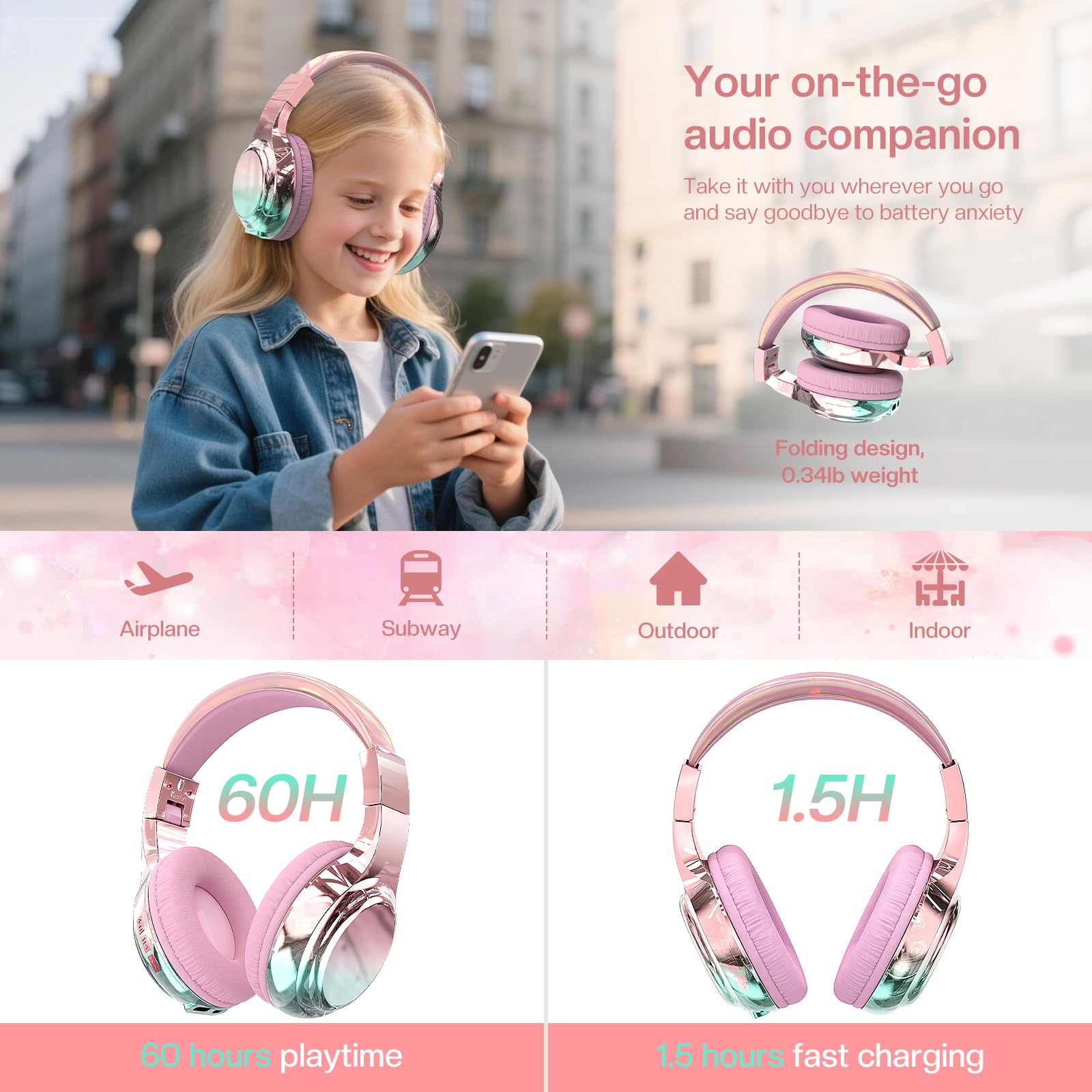 QearFun Kids Bluetooth Headphones Unicorn Pink full view highlighting vibrant design