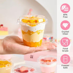 Qeirudu clear dessert cups stacked with lids for clean, organized display.
