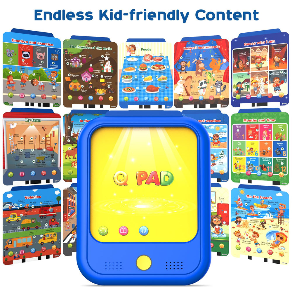 Qiaojoy learning cards displaying alphabets and foods across 40 pages for vocabulary