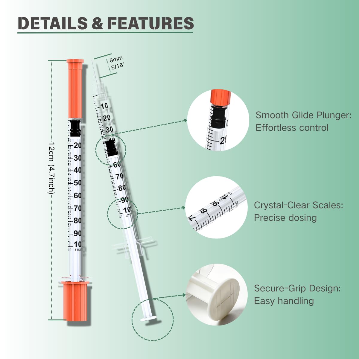 QIDILA U-100 syringe features U-100 compatibility and compact design.