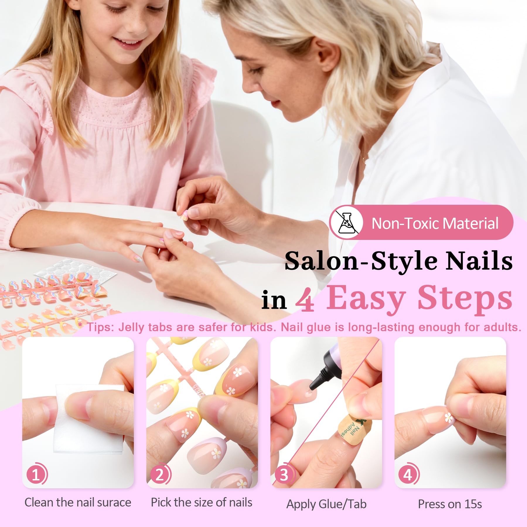 QIEK flower-pattern nails add playful teen-style charm.