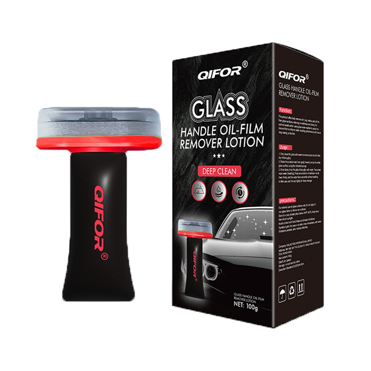 QIFOR Oil Film Remover on windshield delivers crystal-clear visibility and reduced glare.
