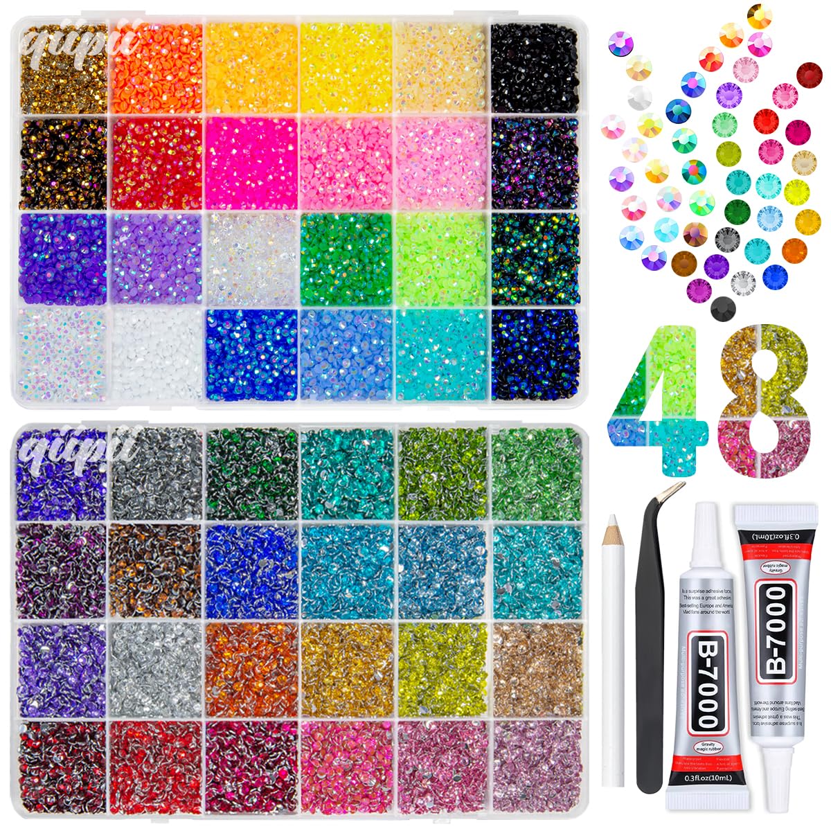 qiipii 48-color 3mm jelly AB rhinestones in rainbow collection for versatile DIY embellishments.