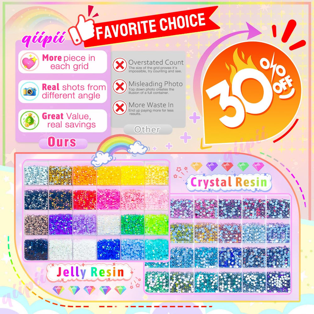 qiipii nail art rhinestones set organized by color for creative designs.