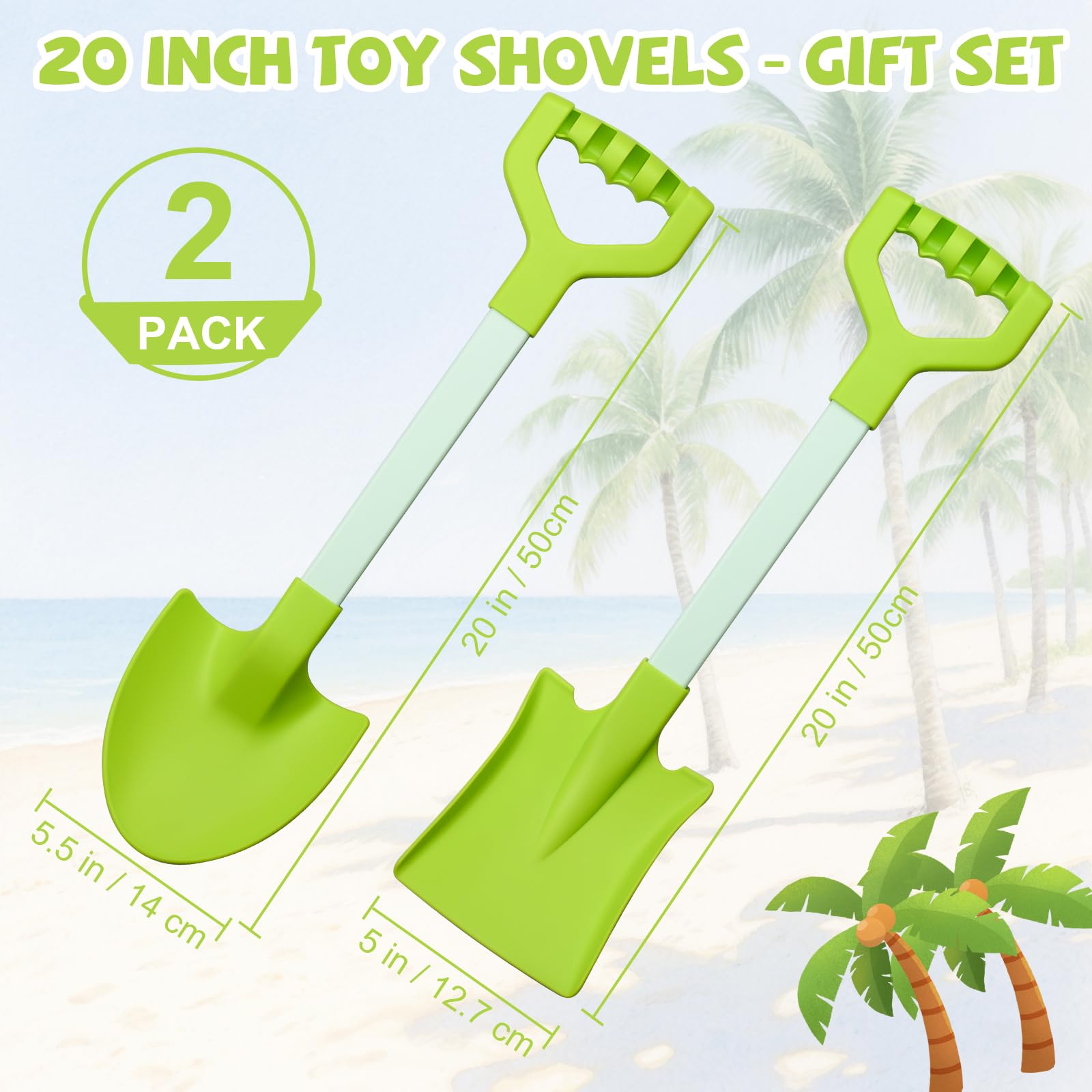 QINGLER 20-inch kids beach shovel green with ergonomic handle for easy digging