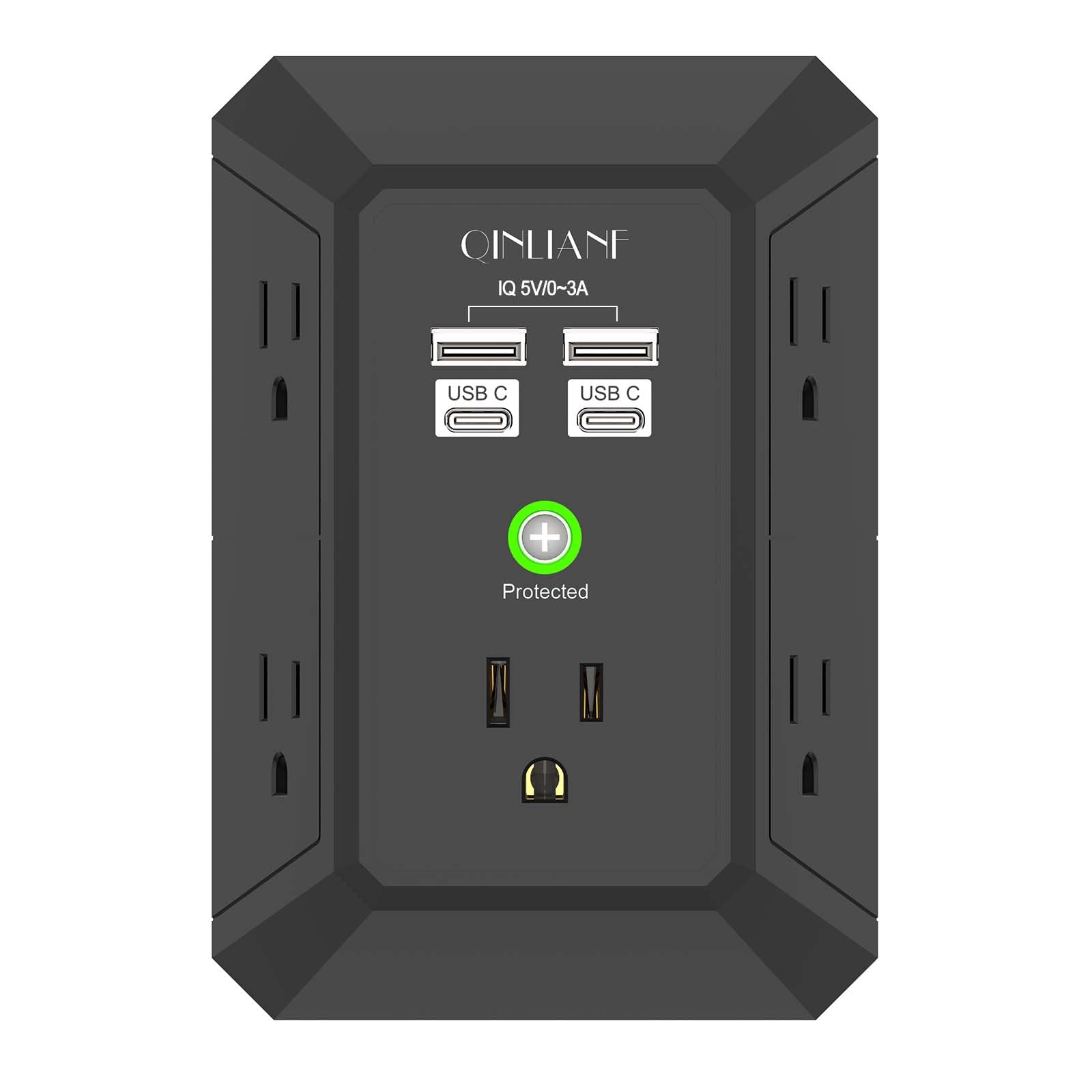 QINLIANF USB wall charger with 3-sided outlets for secure, space-saving mounting.
