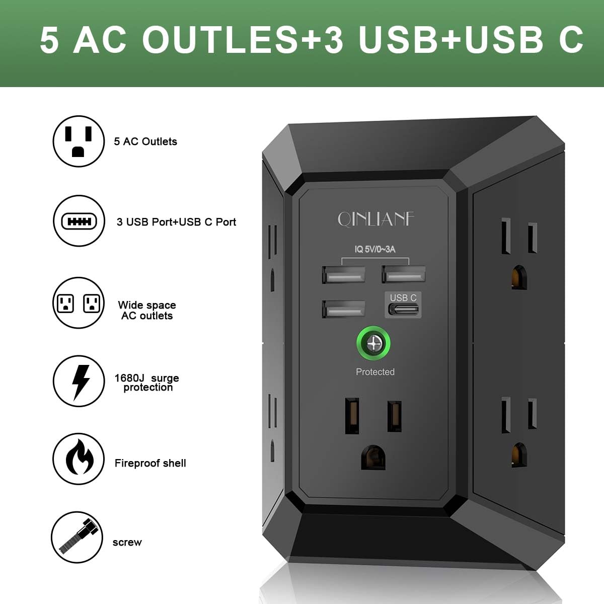 QINLIANF charger shows five outlets and four USB ports for versatile use