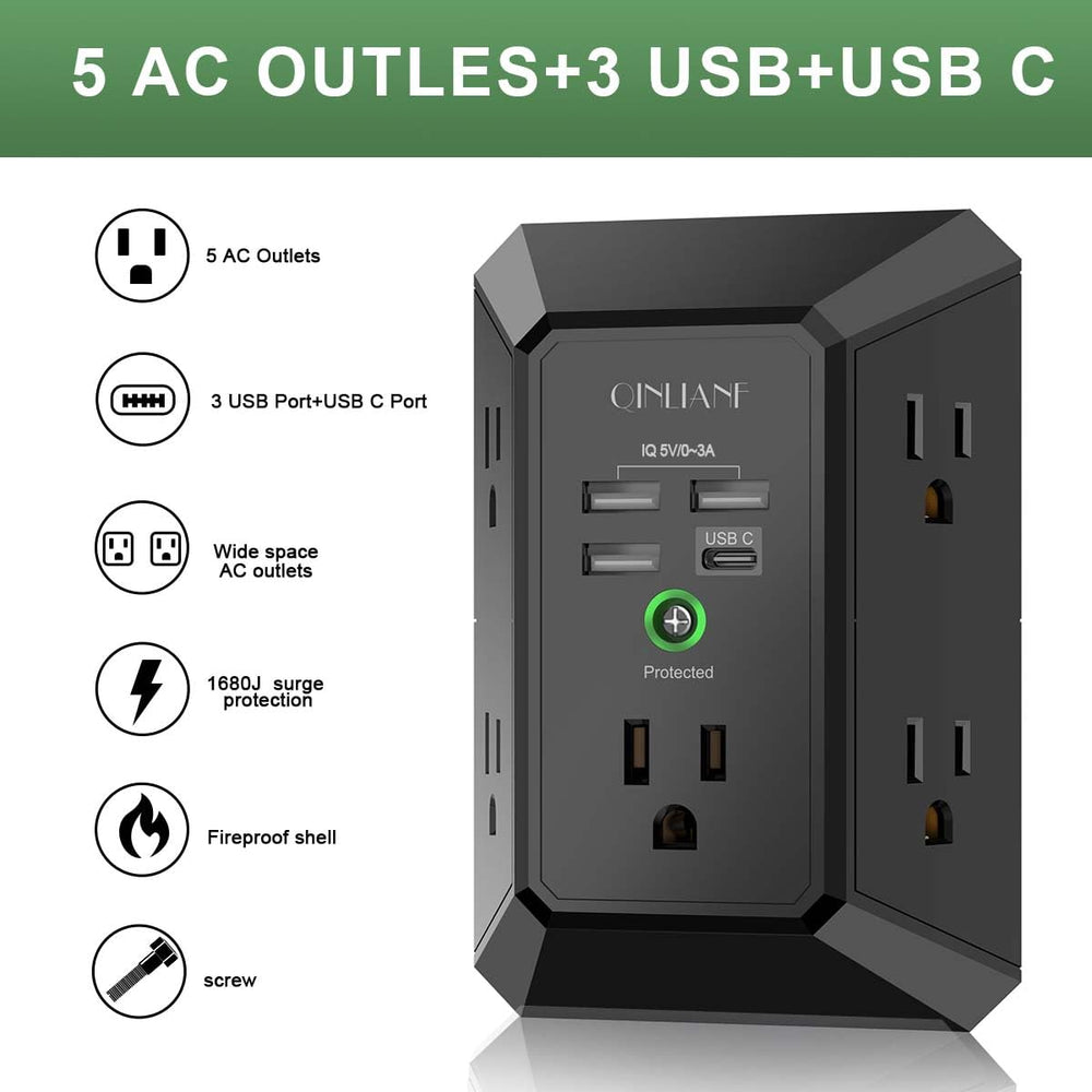 QINLIANF charger shows five outlets and four USB ports for versatile use