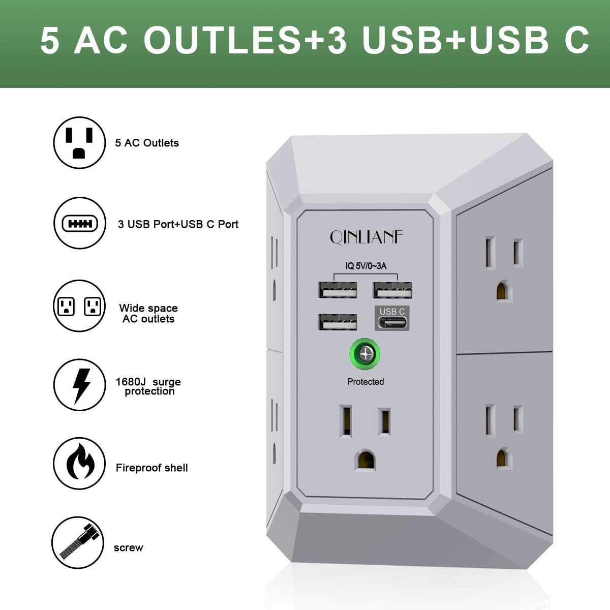 QINLIANF outlet spacing illustrates space for bulky adapters.