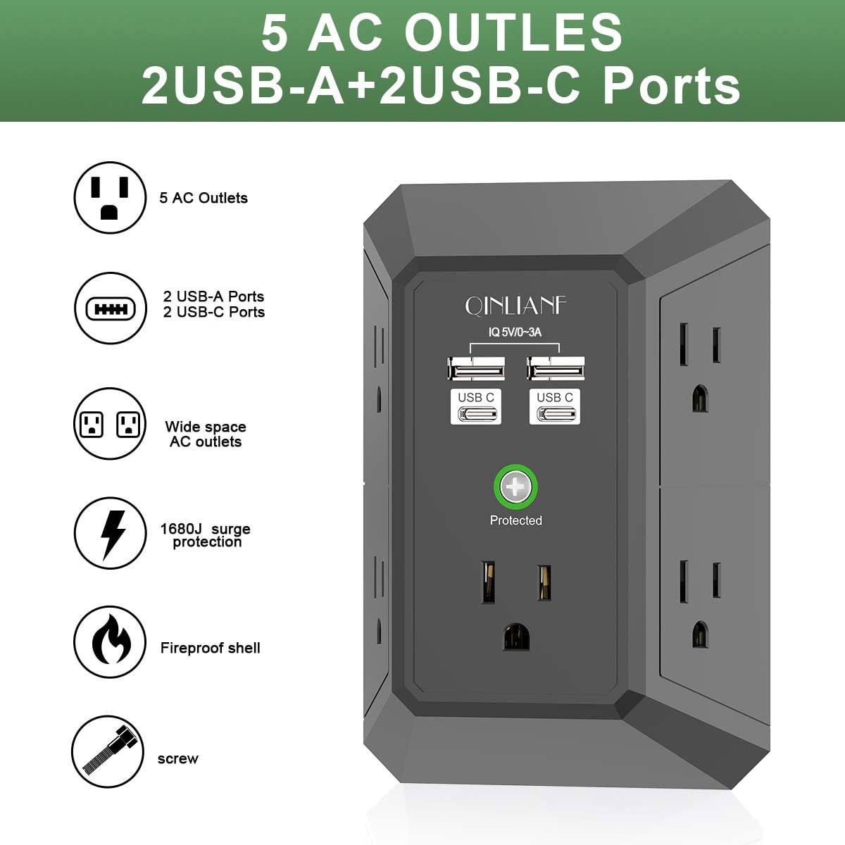 QINLIANF charger features four USB ports for versatile, simultaneous device charging.