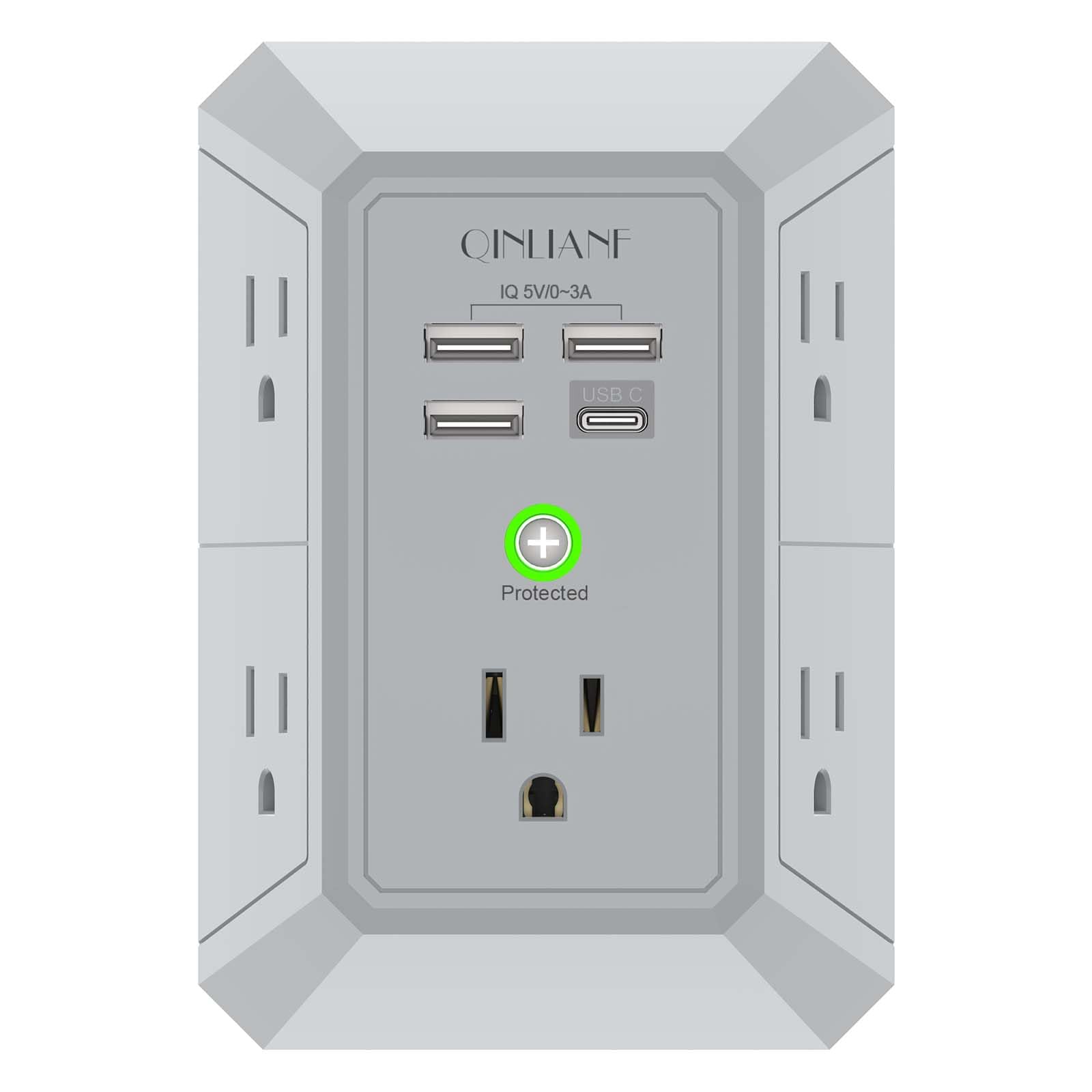 QINLIANF USB wall charger front view with five outlets for organized power.