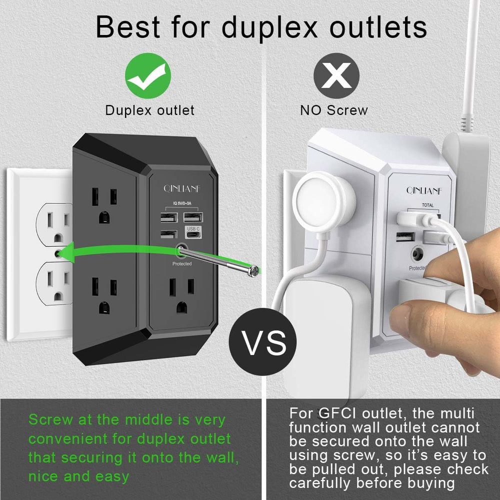 Wide outlet spacing helps fit bulky adapters and keep cords tidy
