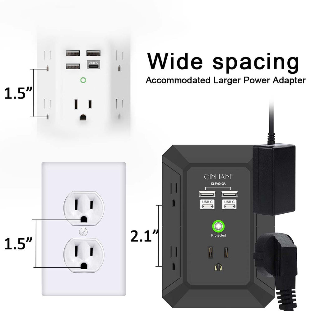 QINLIANF wide-spaced outlets simplify plugging in bulky adapters.