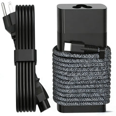 QIOUZW 65W USB-C laptop charger shown for travel and home use.