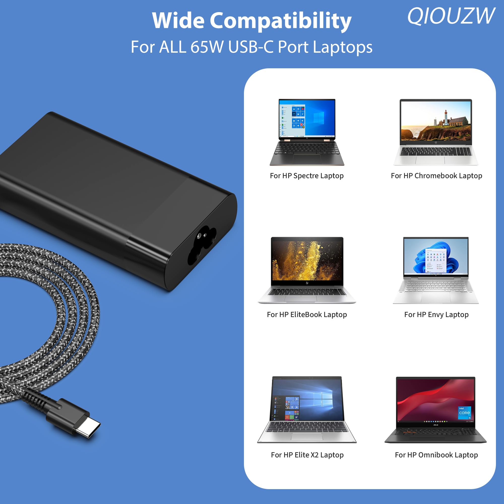 QIOUZW 65W USB-C charger compact design ideal for desk or bag.