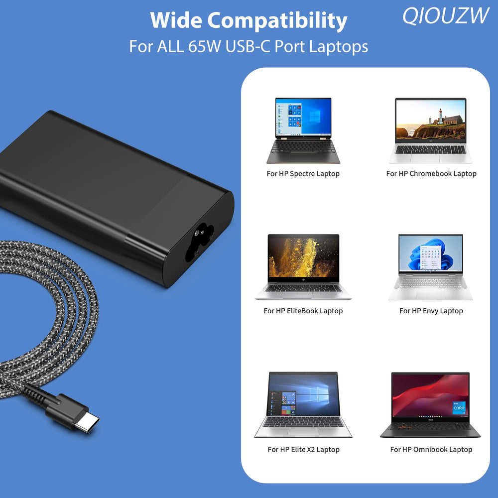 QIOUZW 65W USB-C charger compact design ideal for desk or bag.