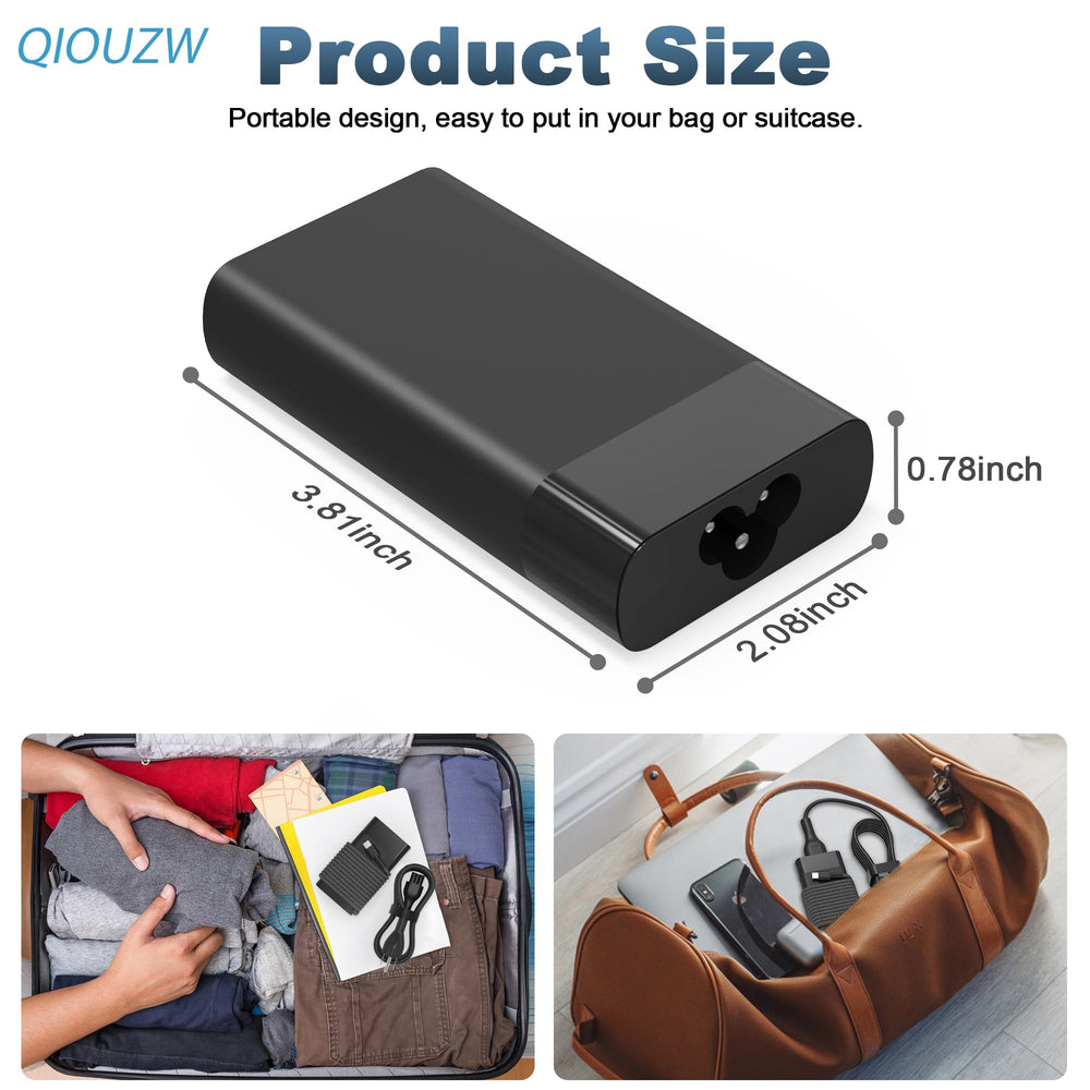 QIOUZW 65W USB-C charger packaging emphasizing safe setup and compatibility notes.