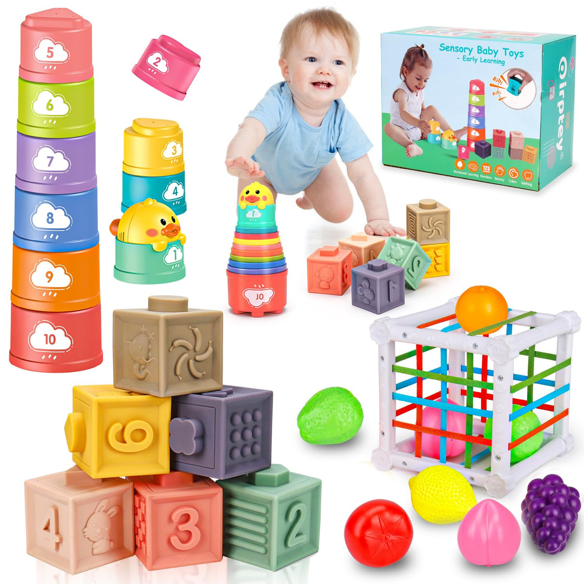 Qirptey Montessori pull-string toy promotes early hand-eye coordination during infant play.