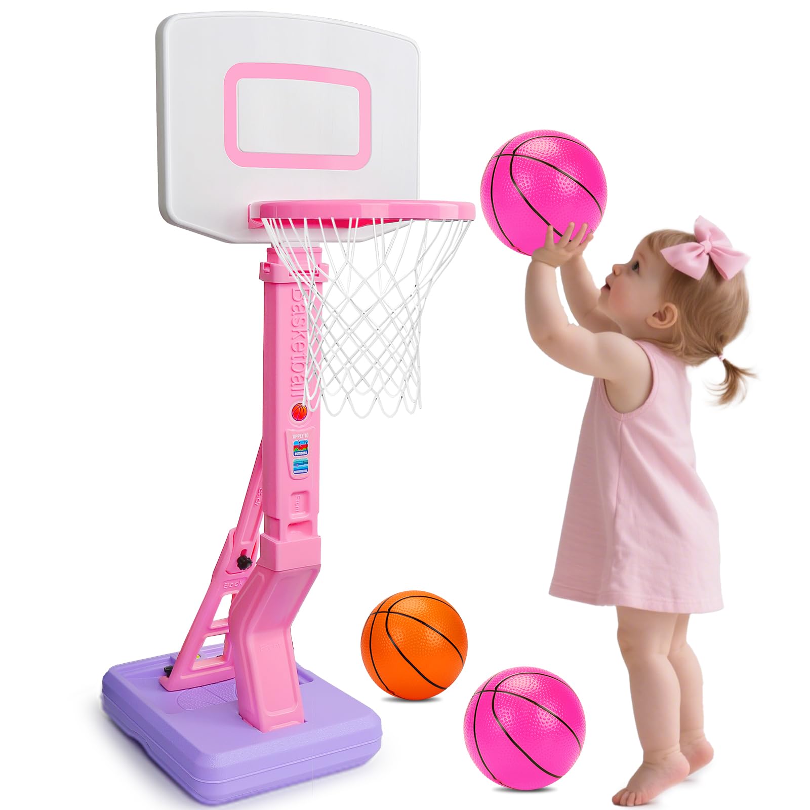 Qirptey pink toddler basketball hoop for indoor or outdoor play.