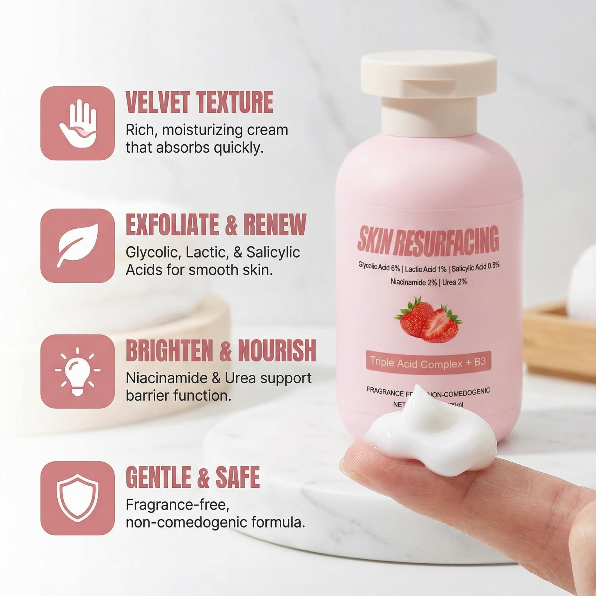 Qiuumey Strawberry Skin Treatment pump bottle emphasizes convenient daily use