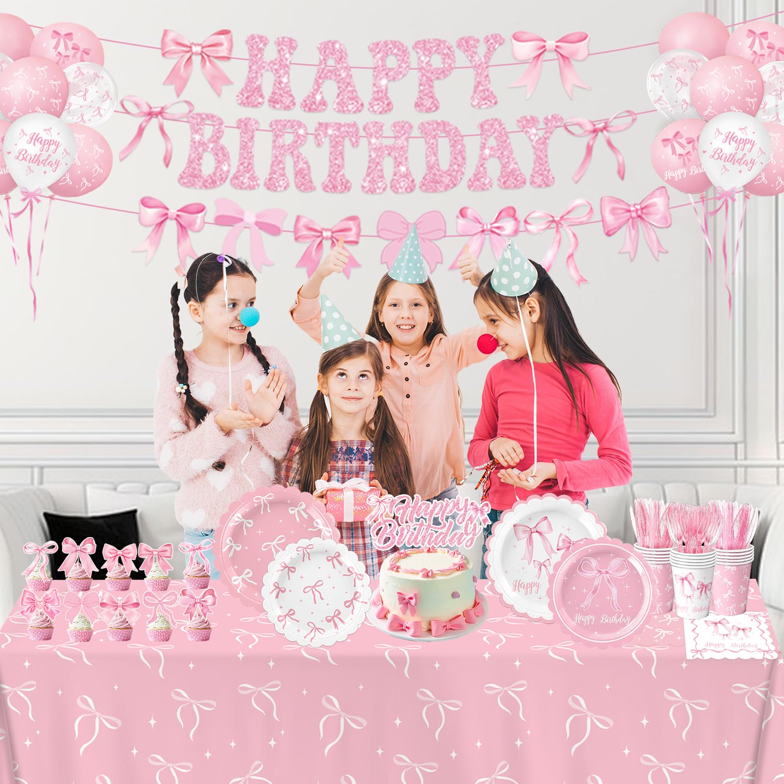 QIYANPAX pink bow balloons, durable latex decorations you can fill with air or helium.