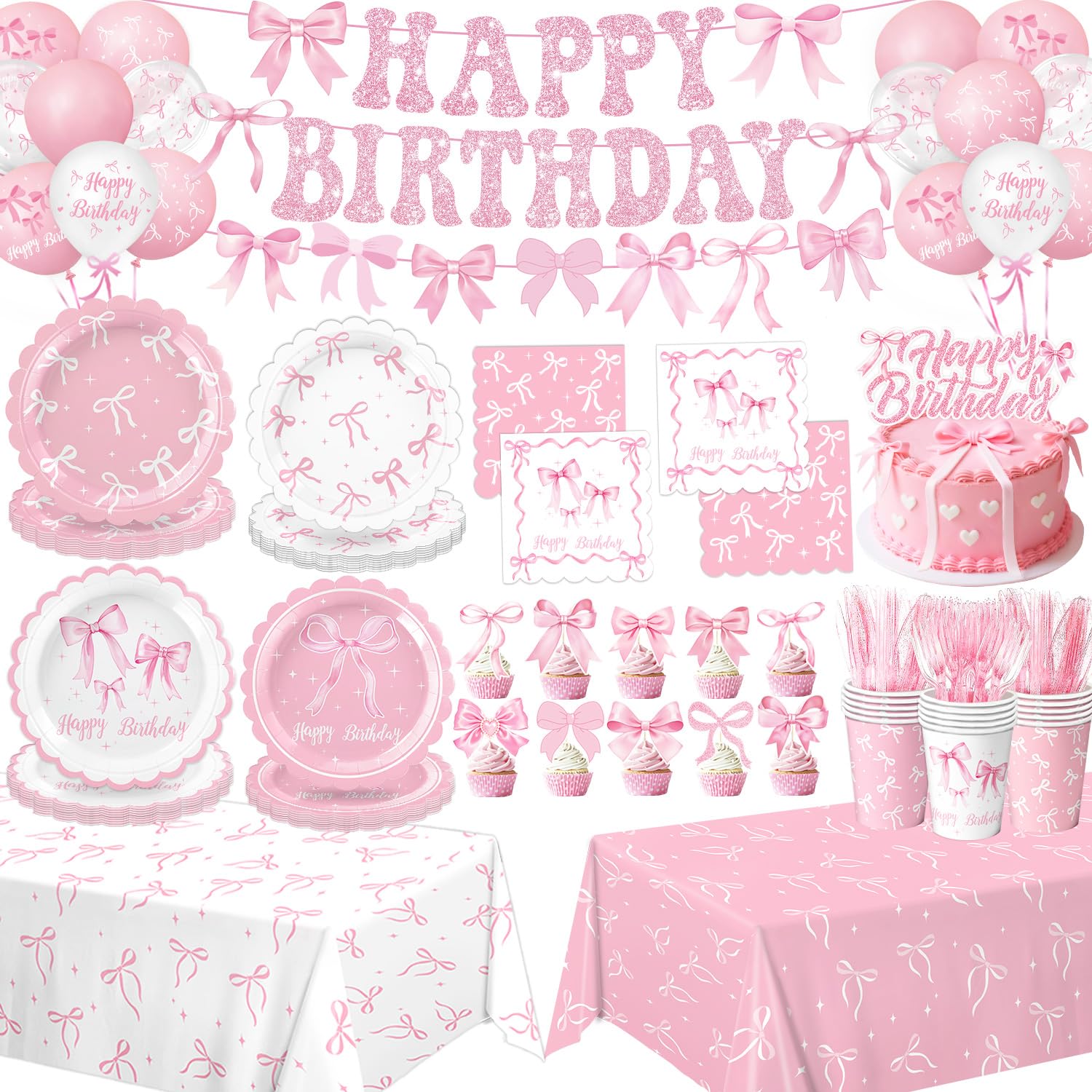 QIYANPAX pink bow plates, durable party dinnerware for easy cleanup.