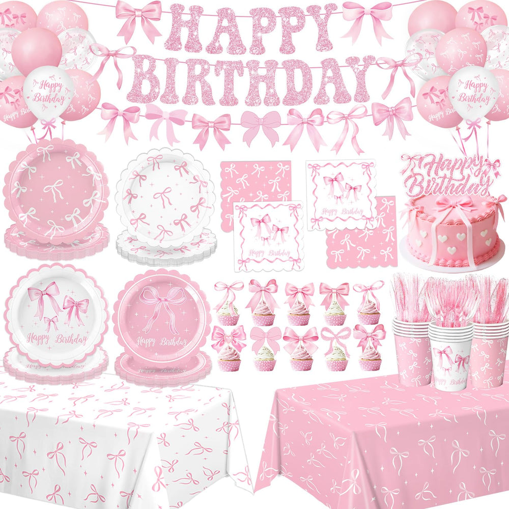 QIYANPAX pink bow plates, durable party dinnerware for easy cleanup.