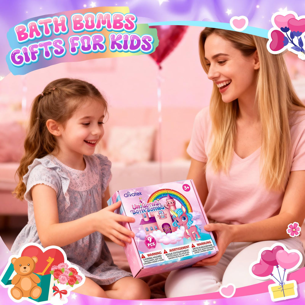 Qivatex Unicorn bath bombs include a surprise toy for excitement.