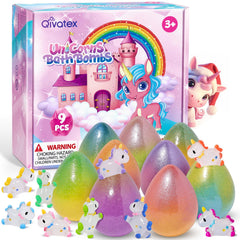 Qivatex Unicorn bath bombs reveal a toy inside for playful bath time.