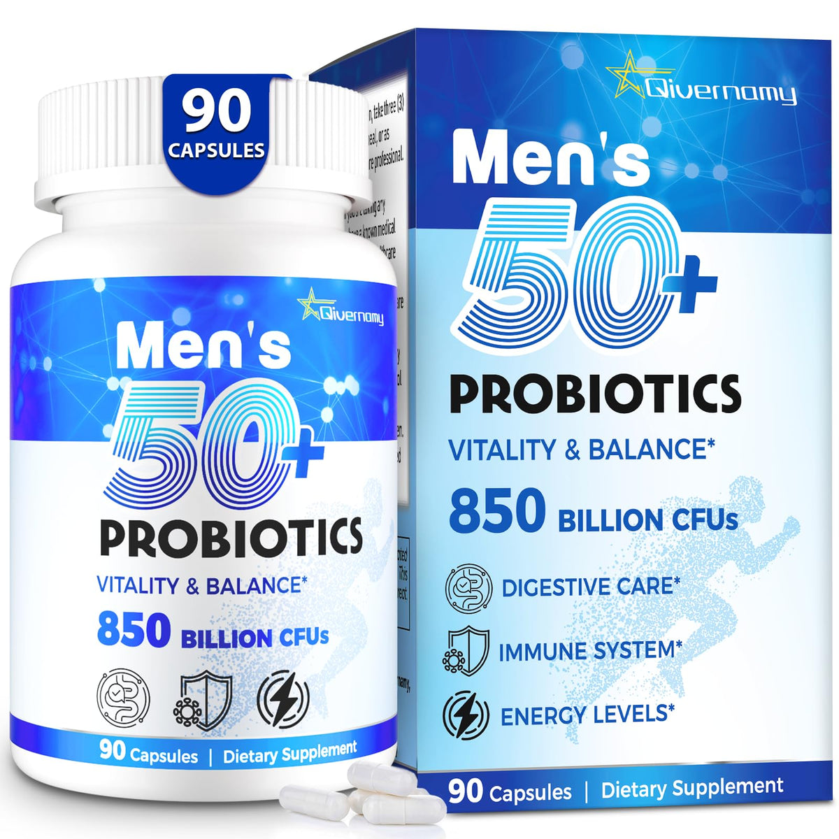 QIVERNAMY Probiotic 50plus bottle supports mature men's gut balance.