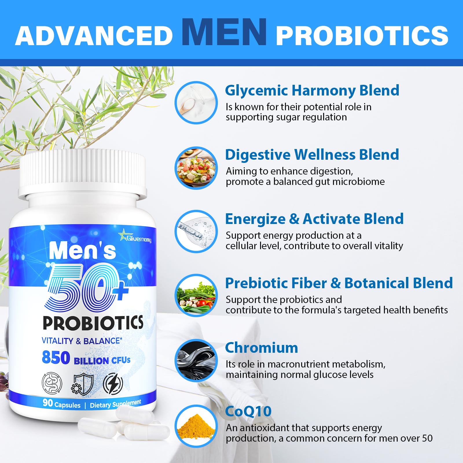 QIVERNAMY Probiotic 50plus prebiotic blend supports a thriving gut.