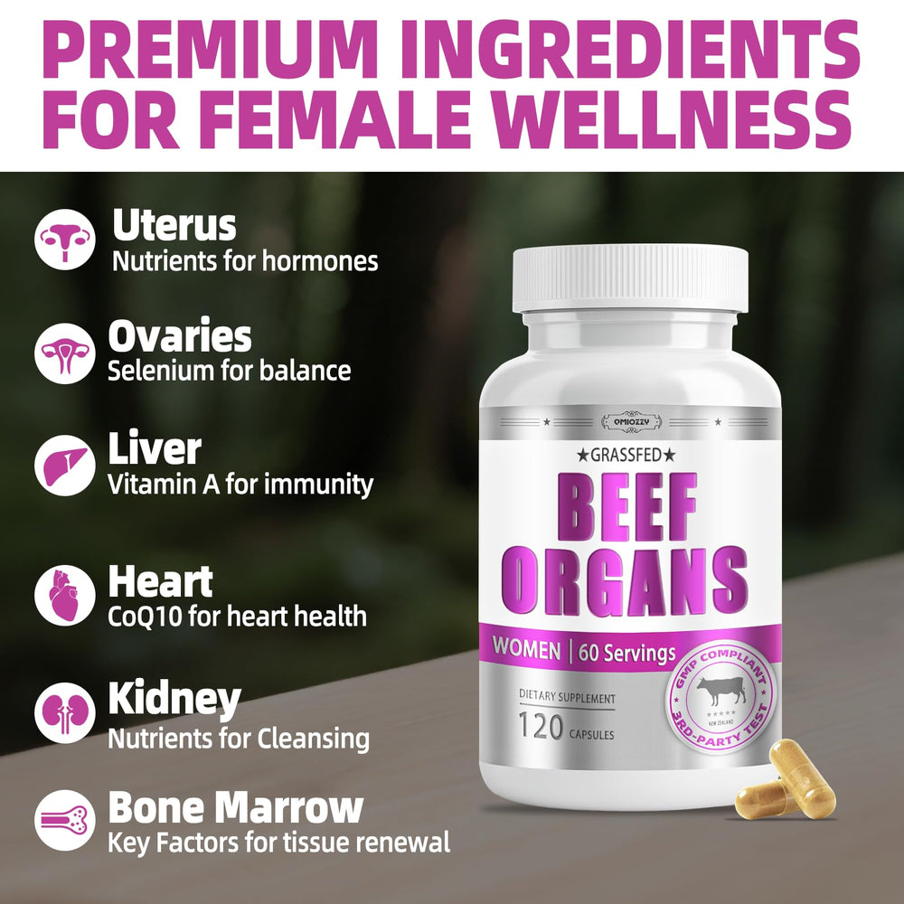 Qmiozzy Beef Organs capsules close-up highlighting a nutrient-dense blend.
