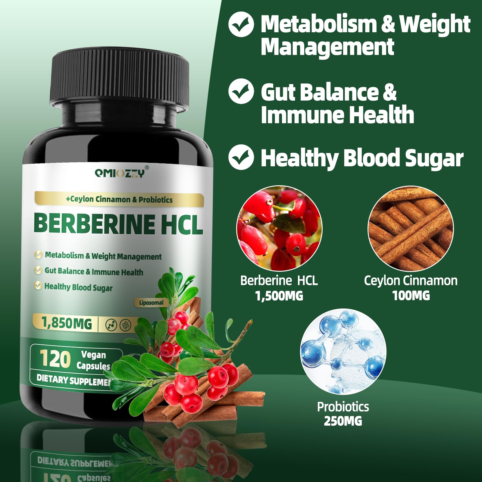 Close-up of Qmiozzy berberine capsules showing liposomal form for better absorption.