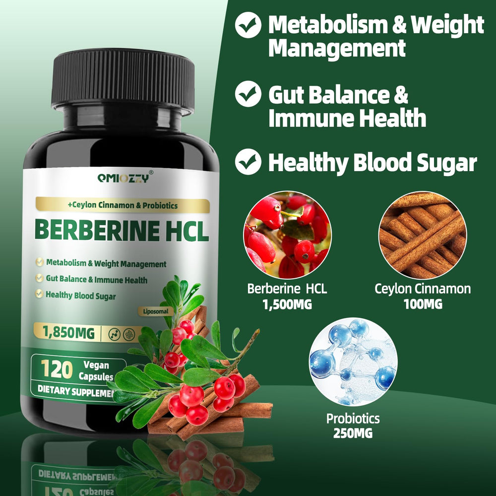 Close-up of Qmiozzy berberine capsules showing liposomal form for better absorption.
