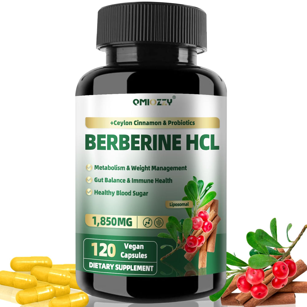 Qmiozzy berberine liposomal bottle with capsules for daily wellness use.