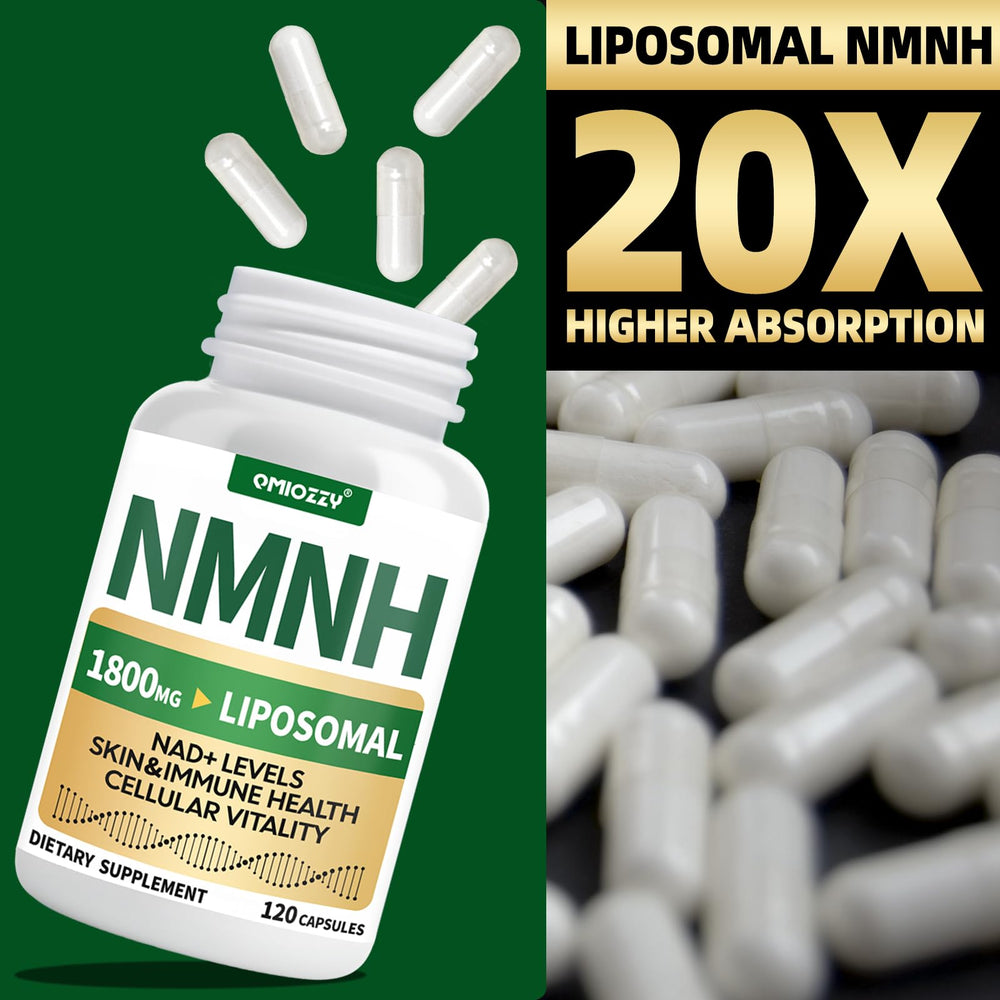 Qmiozzy NMNH liposome technology graphic emphasizing improved absorption.