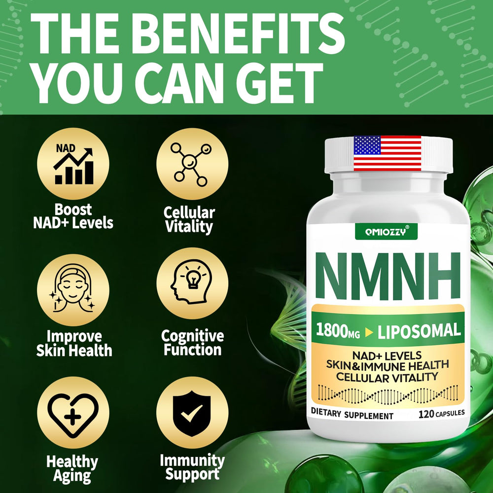 Qmiozzy NMNH NR resveratrol ingredients panel supporting cellular energy.