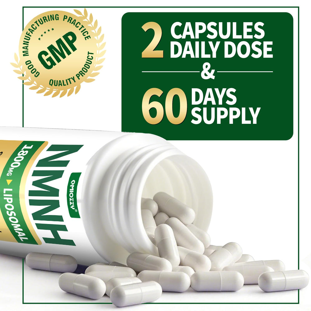 Qmiozzy NMNH vegan non-GMO capsule bottle lifestyle shot.