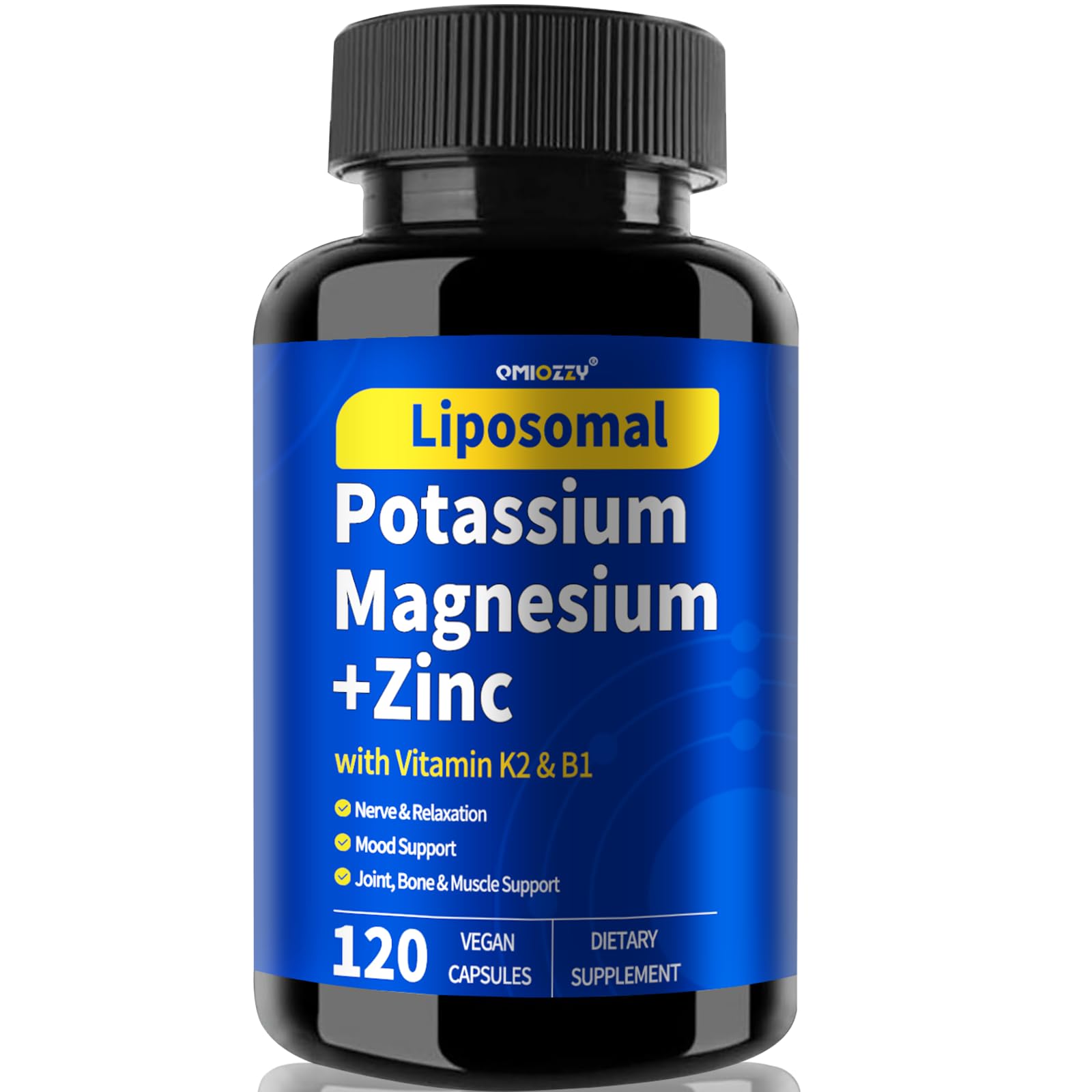 Qmiozzy bottle with capsules showing liposomal magnesium for enhanced absorption