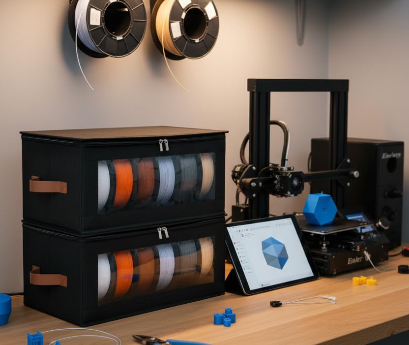Qozary storage box with zipper lid protects filaments from dust and splashes.