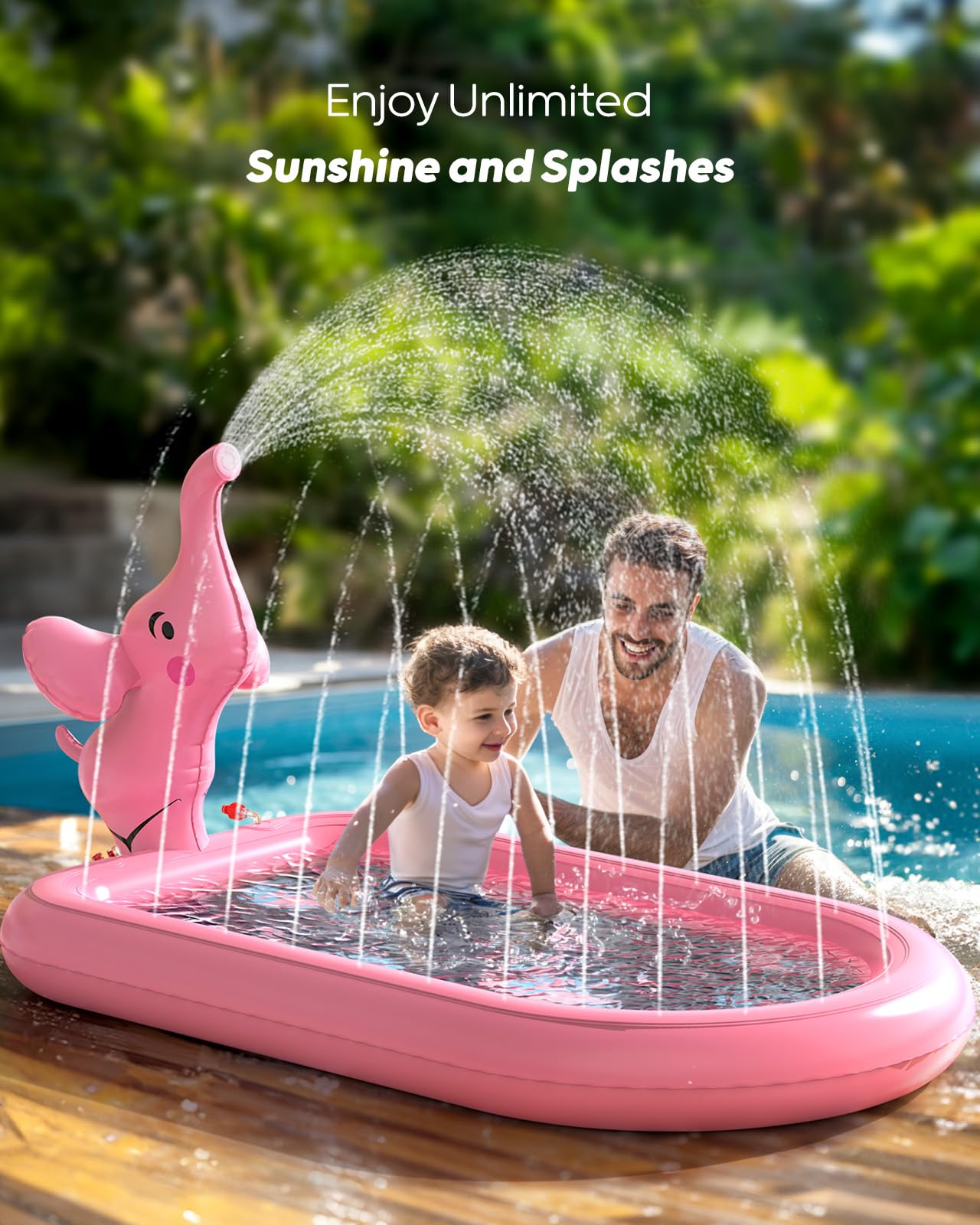 QPAU rim sprinkler pool showing wide spray around the edge for shared fun