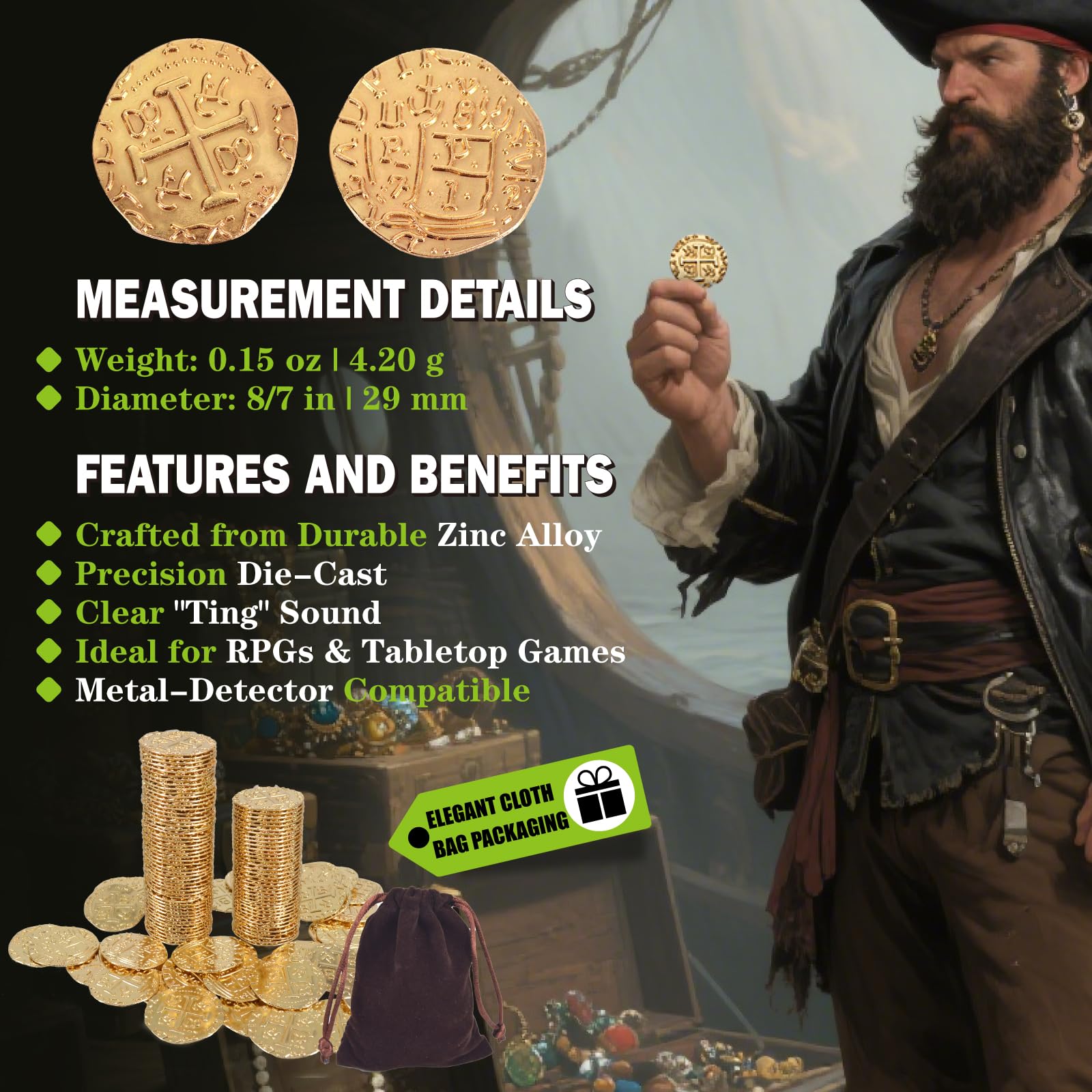 QPCOS gold-tone coins on a board game table for immersive play.