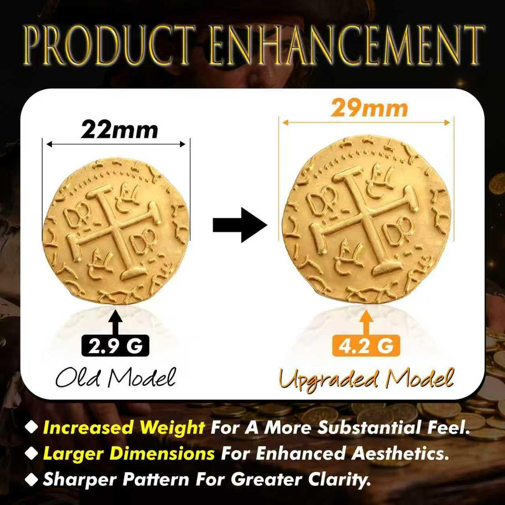 QPCOS metal pirate coins closeup highlighting zinc finish for cosplay.