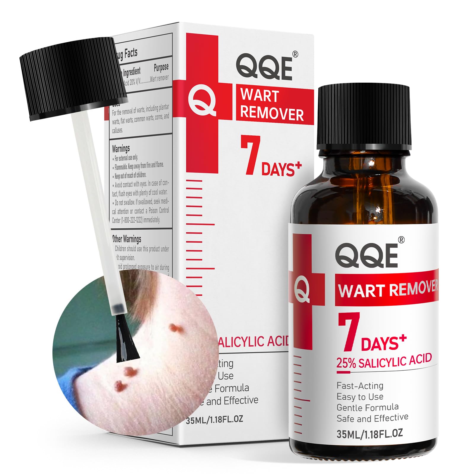 QQE Wart Remover liquid bottle 25 percent targets warts with fast-acting absorption.