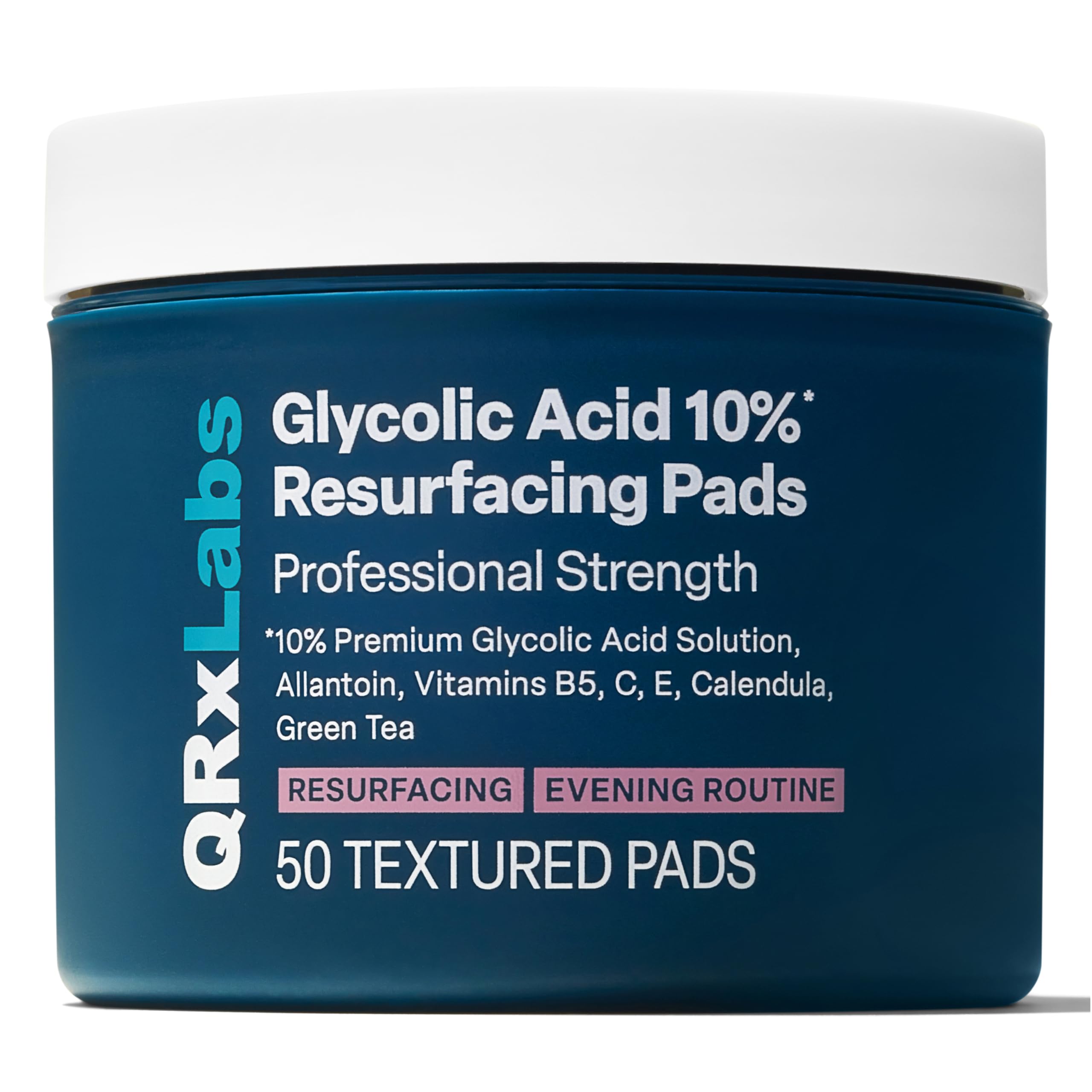 QRxLabs Glycolic Acid Pads jar closeup, smooths texture for daily exfoliation.